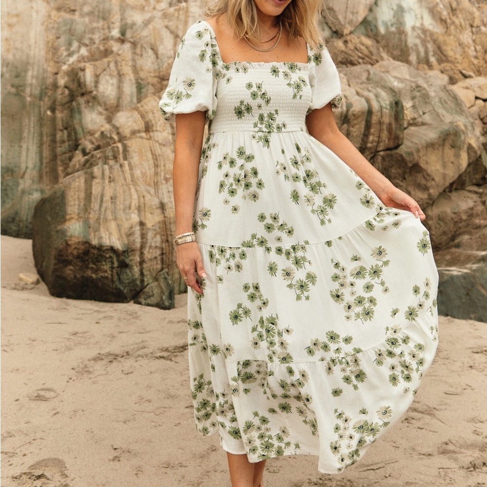 Abercrombie & Fitch | White and Green Smocked Tiered Midi Sundress